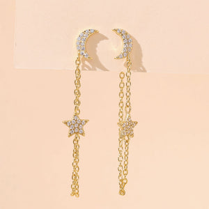 YHE0473 925 Strling Silver Crescent & Star CZ Long Chain Earring