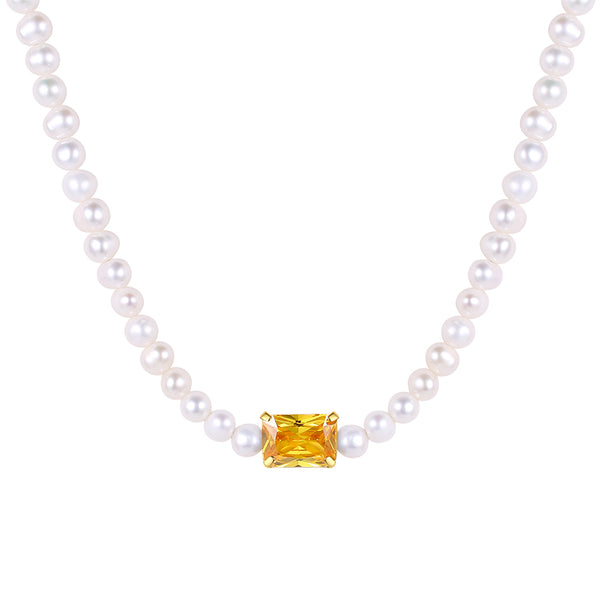 FX0810 925 Sterling Silver Yellow Zirconia Pearl Necklace