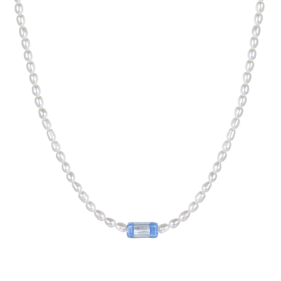 PN0040 925 Sterling Silver 4MM Freshwater Pearl Blue Cuboid Choker Necklace
