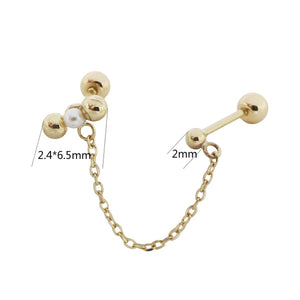 PE0095 925 Sterling Silver Gold Bead Freshwater Pearl Chain Barbell Stud Earring