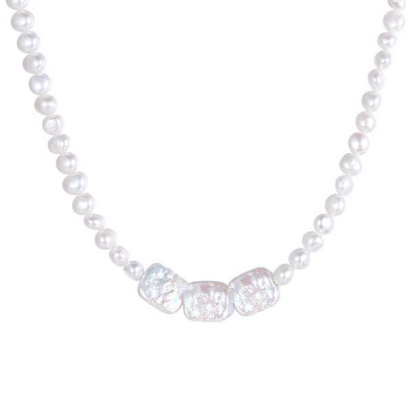 PN0059 925 Sterling Silver Rectangle & Round Freshwater Pearl Choker Necklace