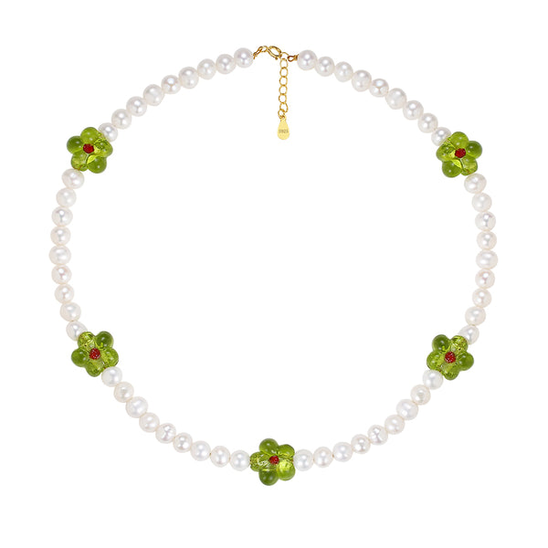FX0740 925 Sterling Silver Green Flower Pearl Necklace