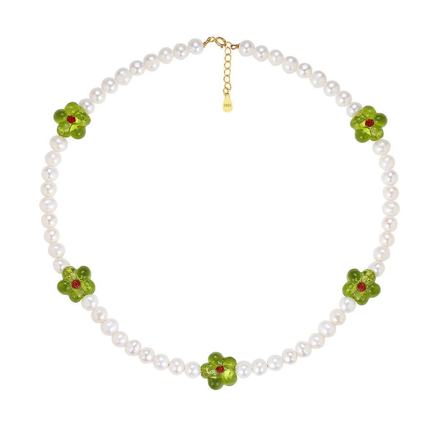 FX0740 925 Sterling Silver Green Flower Pearl Necklace
