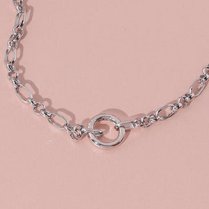 FX0902 925 Sterling Silver Mixed Link Chain Charm Round Push Clasp Necklace