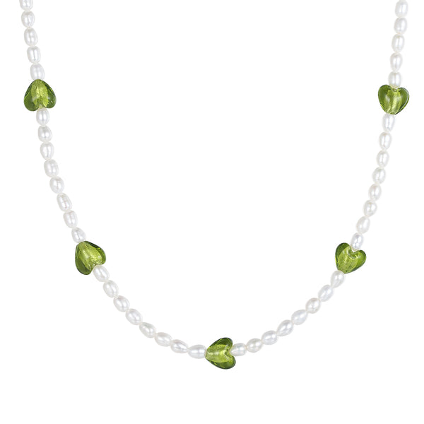 PN0003 925 Sterling Silver Green Crystal Freshwater Pearl Necklace