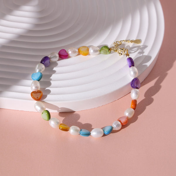 PB0007 925 Sterling Silver Rainbow Heart Freshwater Pearl Bracelet