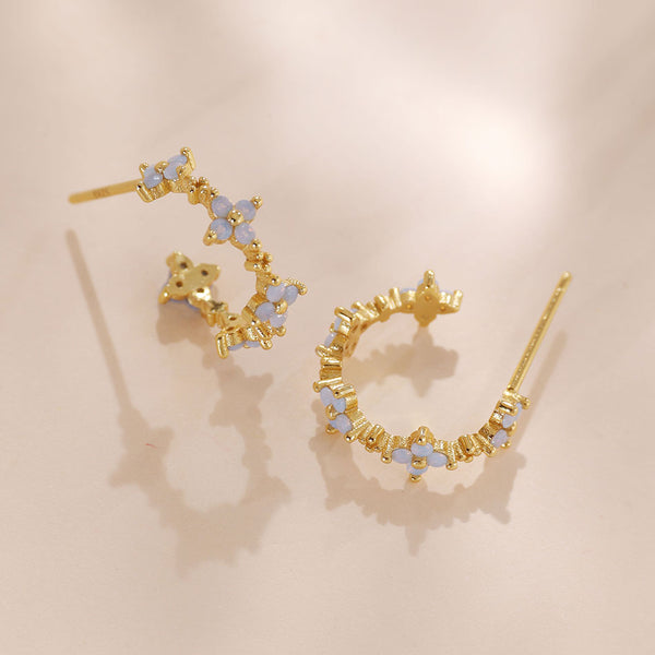 YHE0426 925 Sterling Silver White Gemstone Flower Hoop Earring