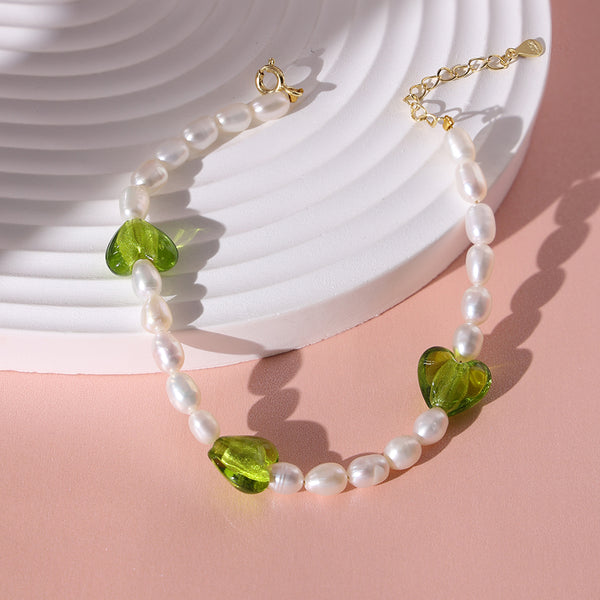 PB0046 925 Sterling Silver Green Crystal Heart Bead Freshwater Pearl Bracelet
