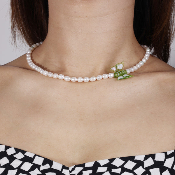 PN0038 925 sterling silver Green Glass Butterfly Freshwater Pearl Necklace