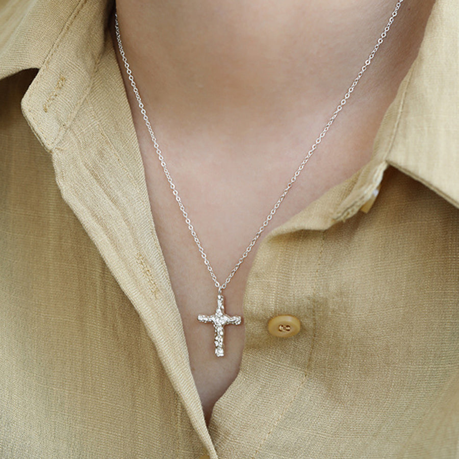 RHX1028 925 Sterling Silver Hammered Cross Pendant Necklace