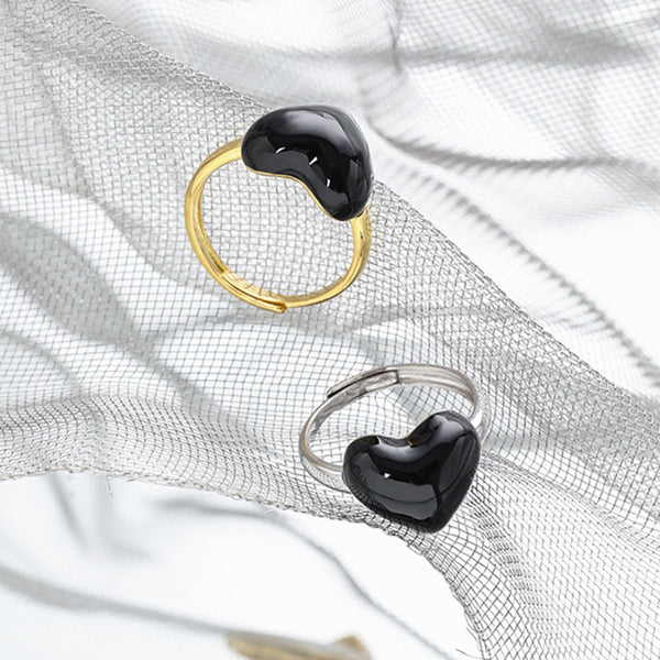 RHJ1080 925 Sterling Sterling Black Enamel Heart Adjustable Ring
