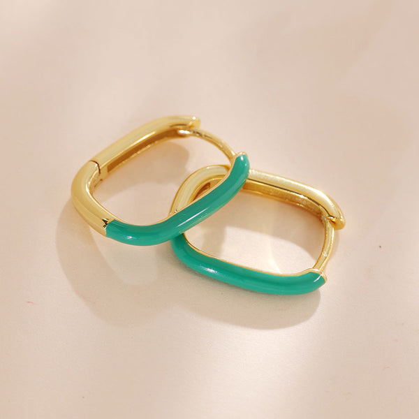 YHE0498 925 Sterling Silver Green Enamel Huggie Women Earring