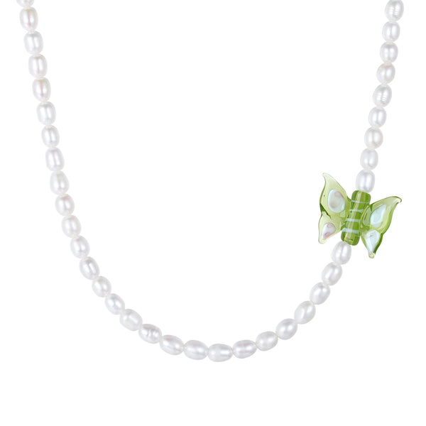 PN0038 925 sterling silver Green Glass Butterfly Freshwater Pearl Necklace