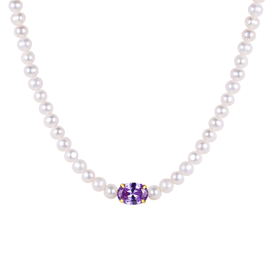 FX0811 925 Sterling Silver Purple CZ Freshwater Pearl Necklace