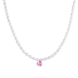 PN0063 925 Sterling Silver 8MM Pink CZ & Freshwater Pearl Choker Necklace