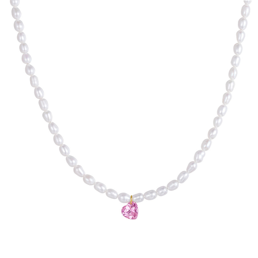PN0063 925 Sterling Silver 8MM Pink CZ & Freshwater Pearl Choker Necklace