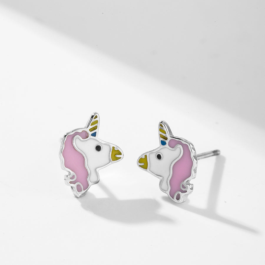 CD0022 925 Sterling Silver Pink Enamel Mini Unicorn Stud Earring