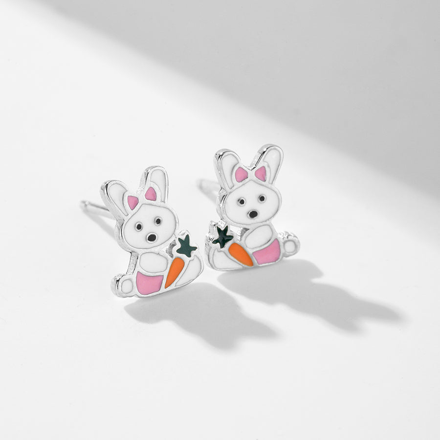 CD0028 925 Sterling Silver Rabbit Holding Carrot Children Stud Earring