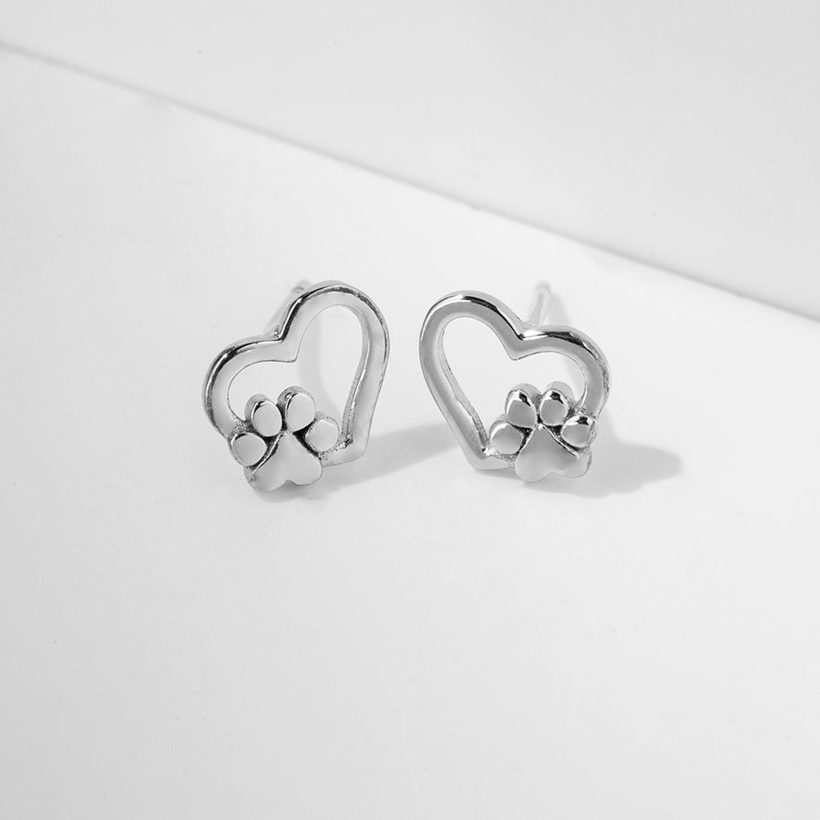 CD0049 925 Sterling Silver Animal Footprint Heart Stud Earring