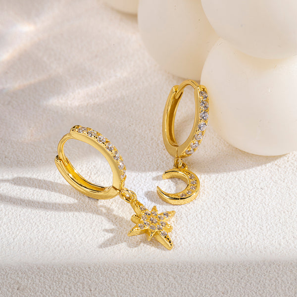 FE0886 925 Sterling Silver Crescent Moon Star Hoop Earrings