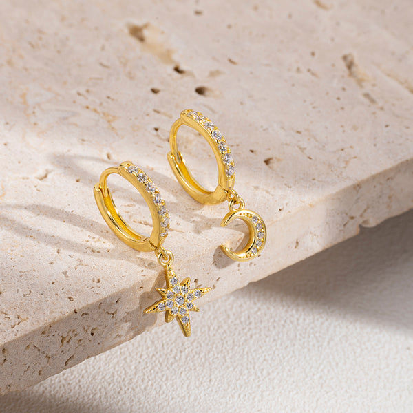 FE0886 925 Sterling Silver Crescent Moon Star Hoop Earrings