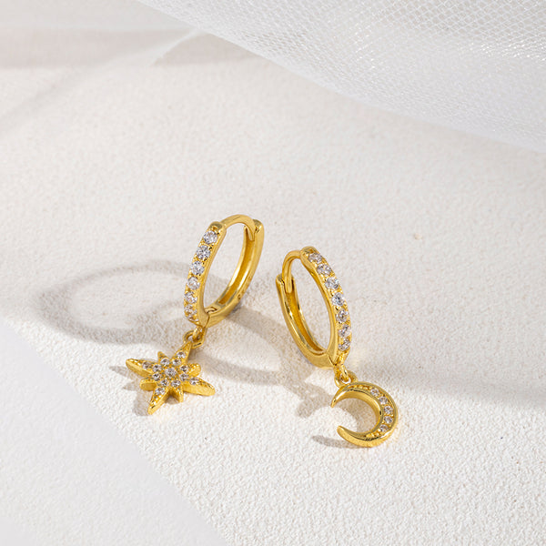FE0886 925 Sterling Silver Crescent Moon Star Hoop Earrings