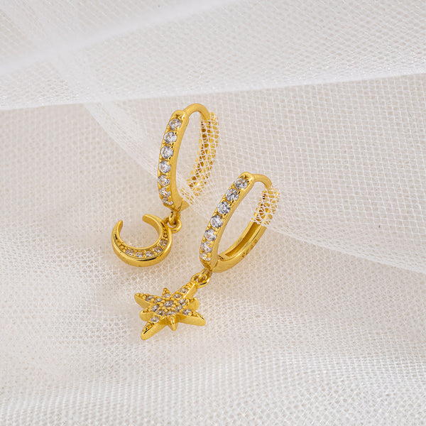 FE0886 925 Sterling Silver Crescent Moon Star Hoop Earrings