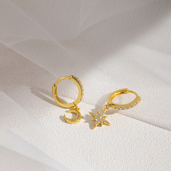 FE0886 925 Sterling Silver Crescent Moon Star Hoop Earrings