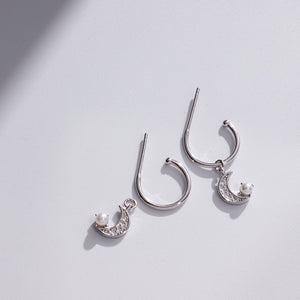 FE1829 925 Sterling Silver Crescent Moon Zirconia Hoop Earring With Pearl