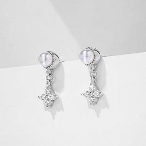 FE1834 925 Sterling Silver Freshwater Pearl Flower Dangle Stud Earring