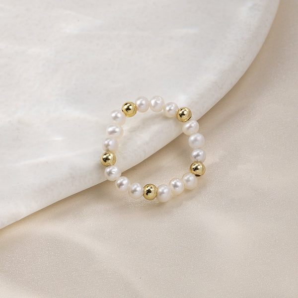 White Round Freshwater Pearl Elasticity Adjustable Ring