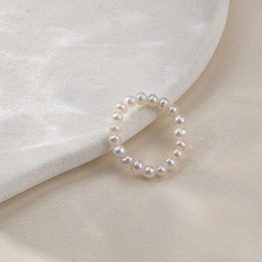 White Round Freshwater Pearl Elasticity Adjustable Ring
