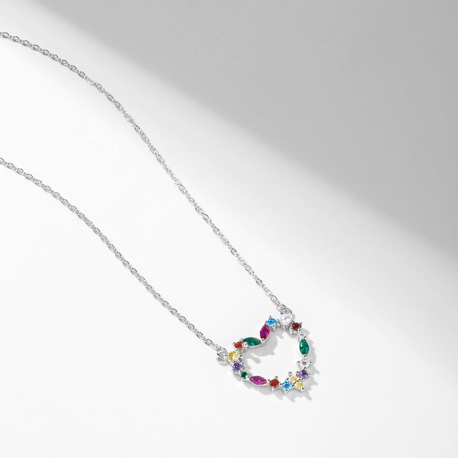 FX0816 925 Sterling Silver Rainbow Marqurose CZ Pearl Heart Pendant Necklace