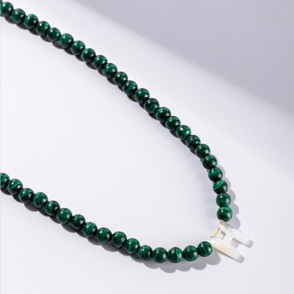 FX0832 925 Sterling Silver Elegant Malachite Bead Initial Necklace