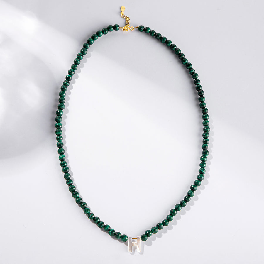 FX0832 925 Sterling Silver Elegant Malachite Bead Initial Necklace