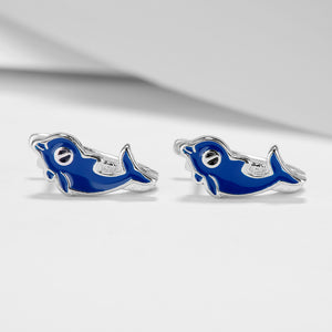 GE3143 925 Sterling Silver Blue Enamel Dolphin Animal Stud Earring
