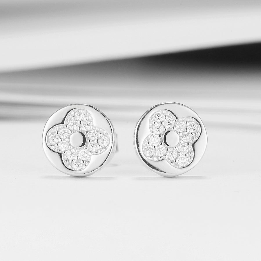 GE3167 925 Sterling Silver Four-Leaf-Clover Round CZ Stud Earring