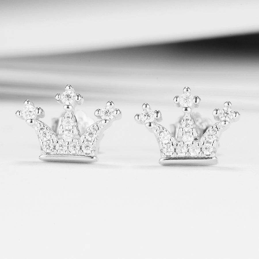 GE3180 925 Sterling Silver Queen Crown CZ Stud Earring For Girls