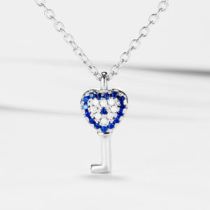 GX1232 925 Sterling Silver Blue CZ Heart Key Necklace