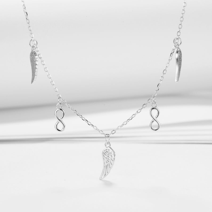 GX1261 925 Sterling Silver Endless &  Angel Wing CZ Necklace