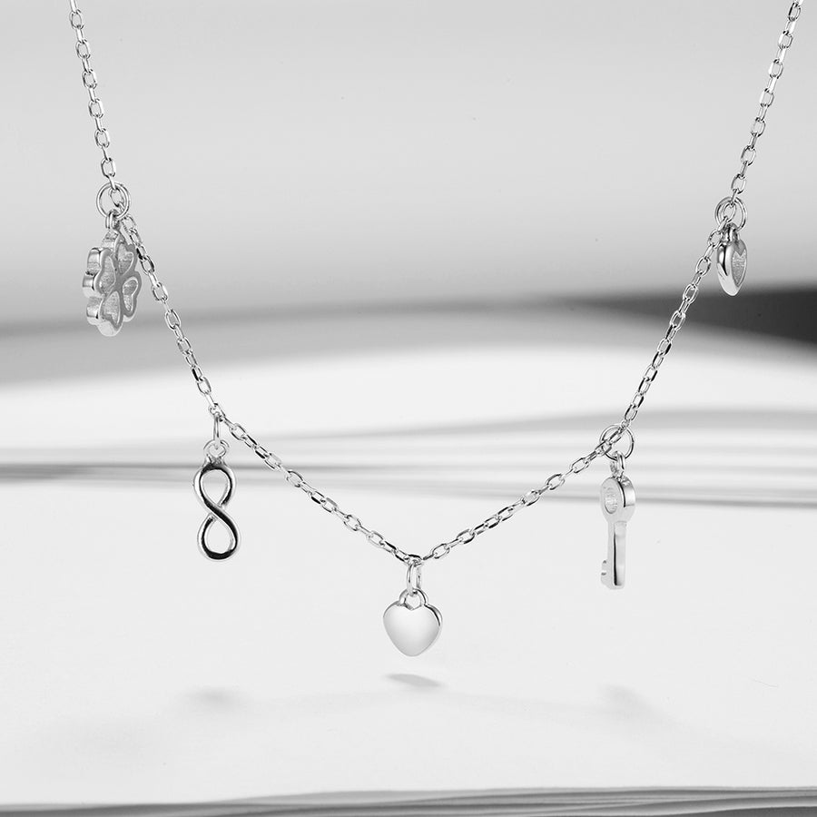 GX1263 925 Sterling Silver Endless Heart & Four Leaf Clover Necklace
