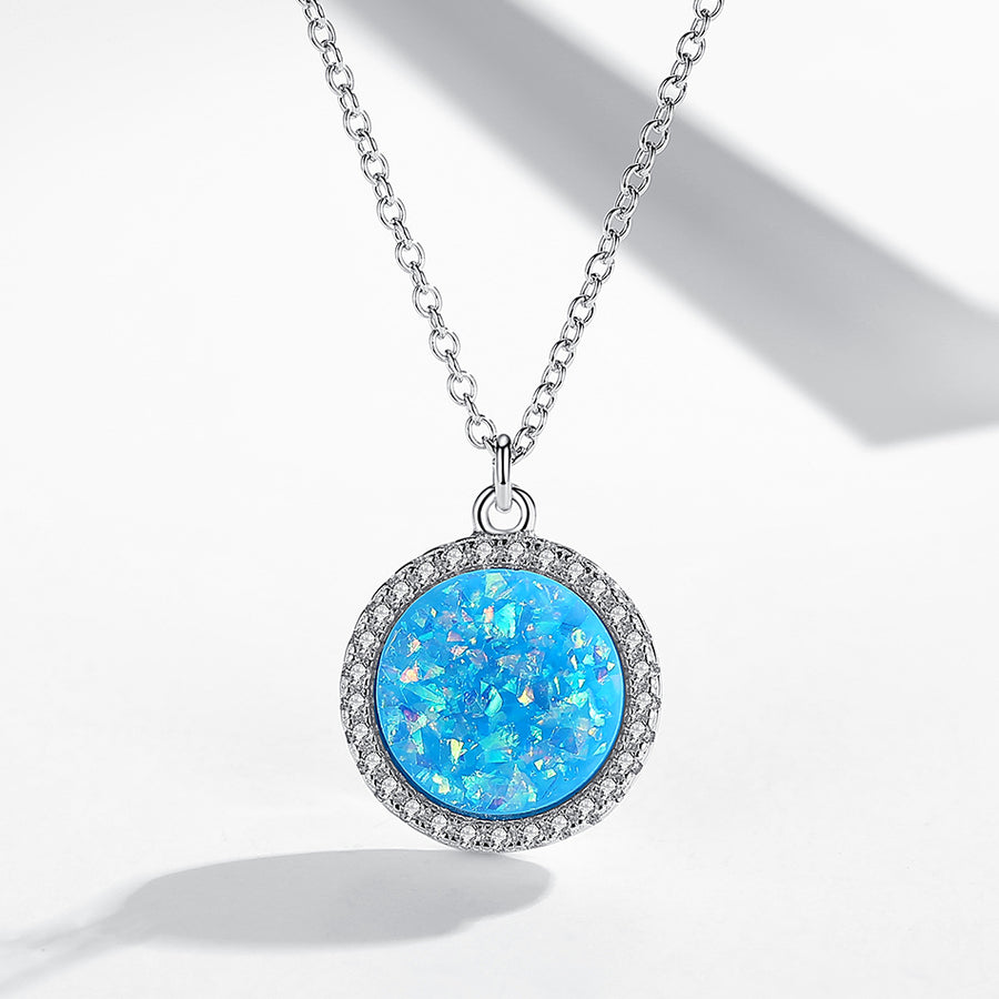 GX1431 925 Sterling Silver Blue Opal Round Pendant Necklace