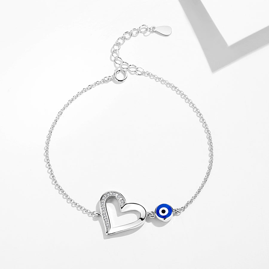 GS2041 925 Sterling Silver Heart and Evil Eye Bracelet