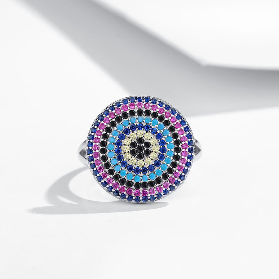 GJ4034 925 Sterling Silver Colorful Evil Eye Round Ring