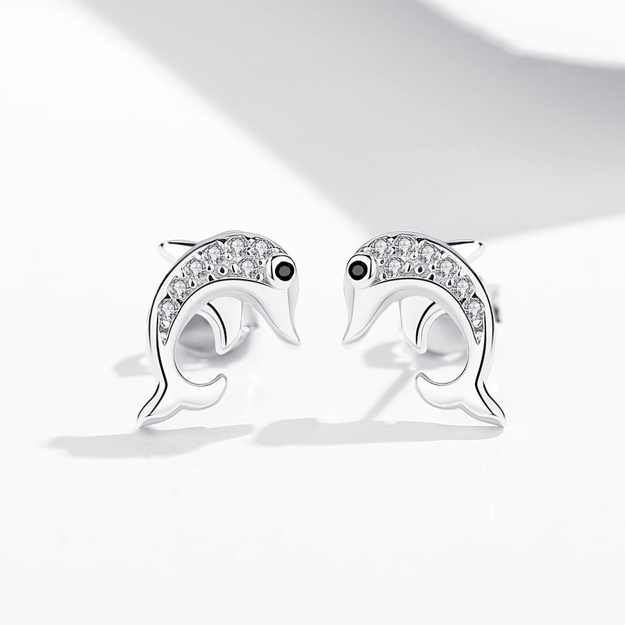 GE3004 925 Sterling Silver White CZ Dolphin Stud Earring