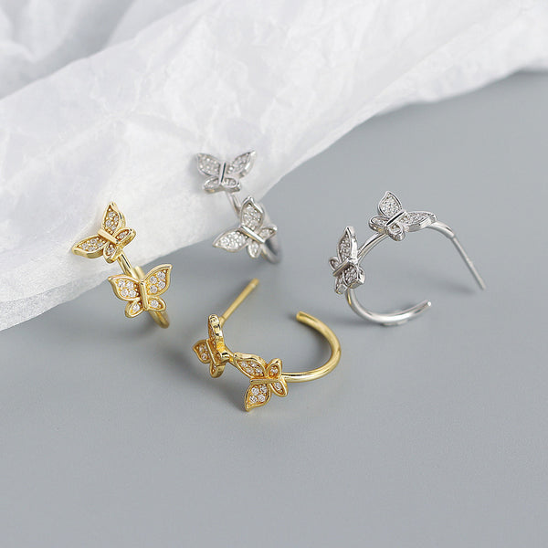 YHE0449 925 Sterling Silver Vintage Double Butterfly Open Half Hoop Earrings