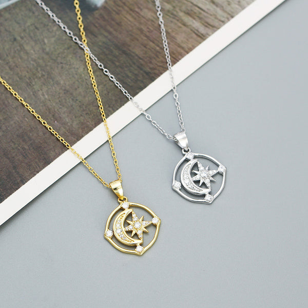 YHN079 925 Sterling Silver CZ Crescent Starburst Pendant Necklaces