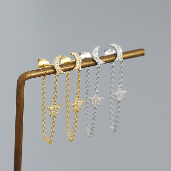 YHE0473 925 Strling Silver Crescent & Star CZ Long Chain Earring