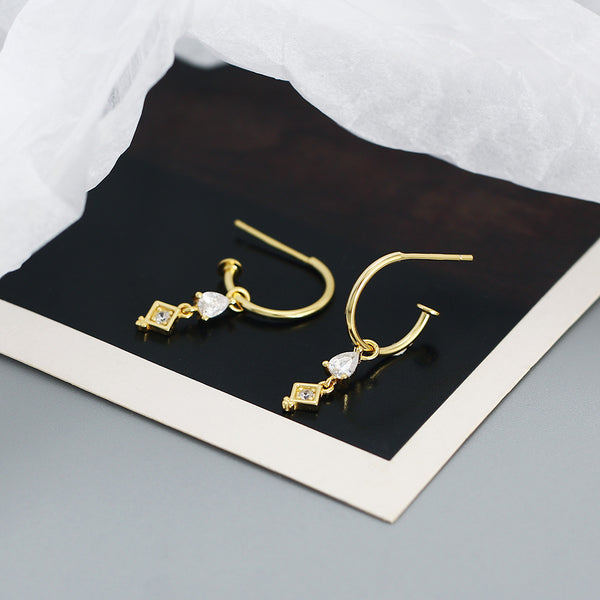 YHE0527 925 Sterling Silver Geometry Cubic Zirconia Drop Half Open Hoop Earring