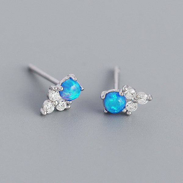YHE0385 925 Sterling Silver Blue Opal & CZ Trendy Stud For Women